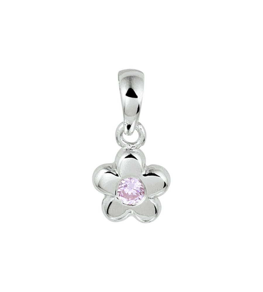 Zilveren hanger bloemetje met roze zirkonia