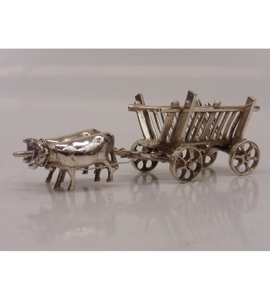 Zilveren miniatuur Hooiwagen met 2 ossen