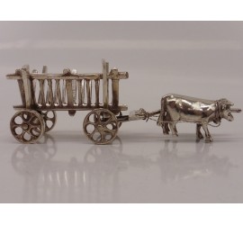 Zilveren miniatuur Hooiwagen met 2 ossen