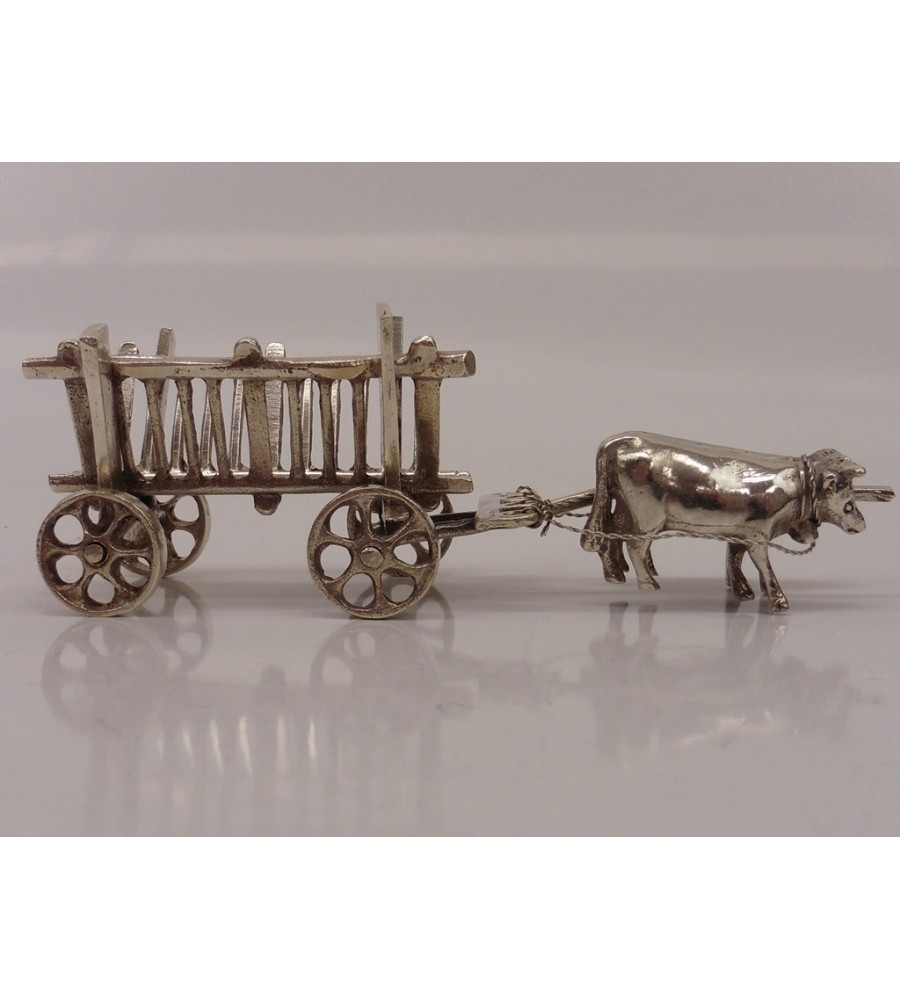 Zilveren miniatuur Hooiwagen met 2 ossen