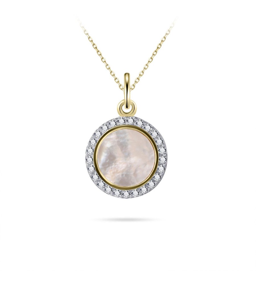 Gouden collier + hanger met zirkonia en parelmoer