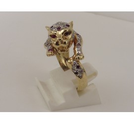 Gouden panter ring met robijn en briljant