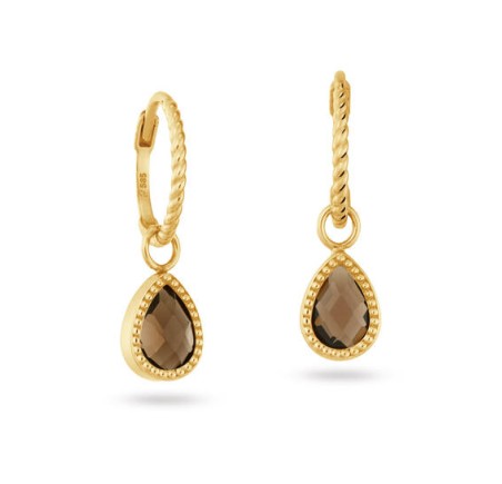 Jackie gouden creolen met rook kwarts hanger Amstel Smoky Quartz Hoops JKE25.561