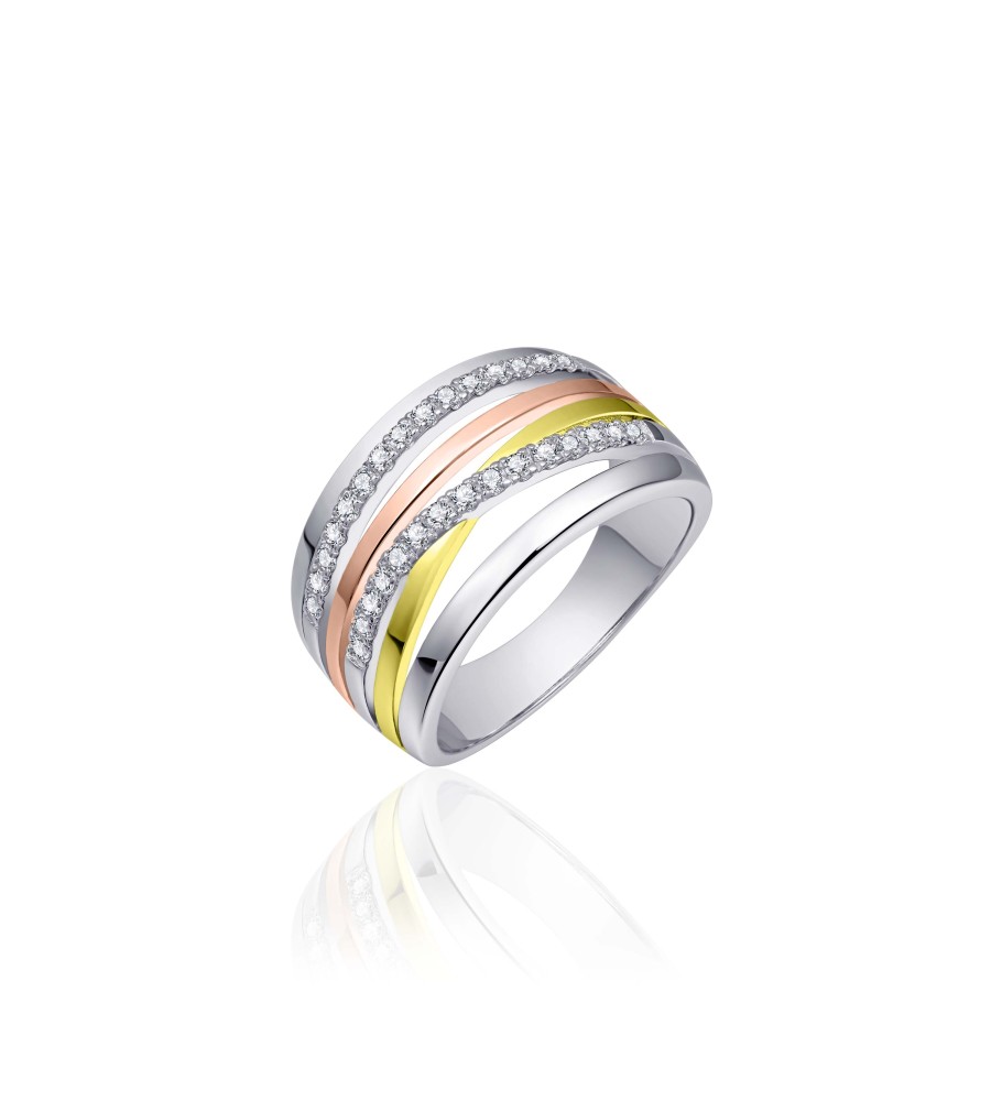 Zilveren damesring tricolor met zirkonia