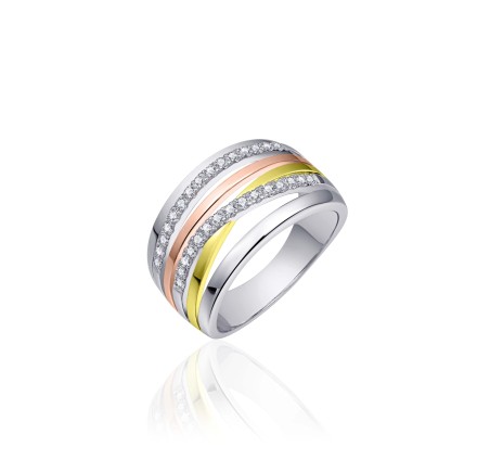 Zilveren damesring tricolor met zirkonia R055T