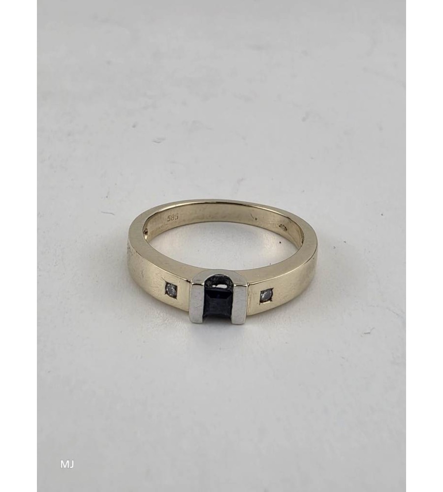 Gouden damesring met blauw saffier en briljant